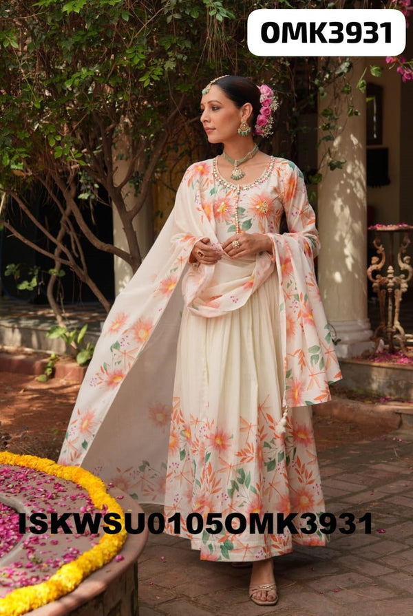 Floral Printed Cotton Anarkali Kurti With Pant And Dupatta-ISKWSU0105OMK3931