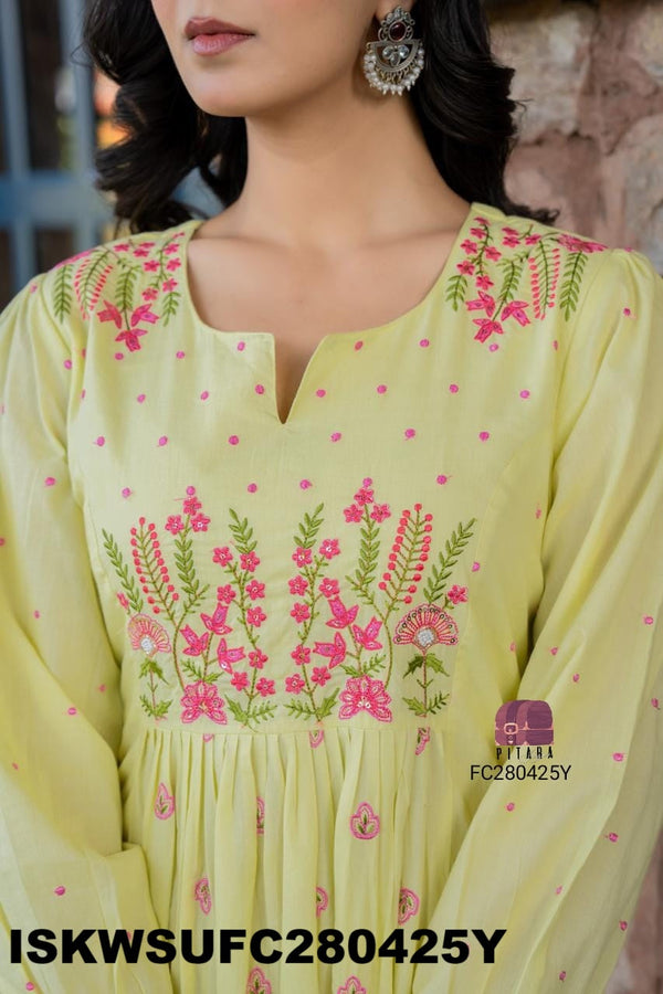 Embroidered Malmal Cotton Flared Kurti With Cotton Pant And Dupatta-ISKWSUFC280425Y