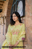 Embroidered Malmal Cotton Flared Kurti With Cotton Pant And Dupatta-ISKWSUFC280425Y