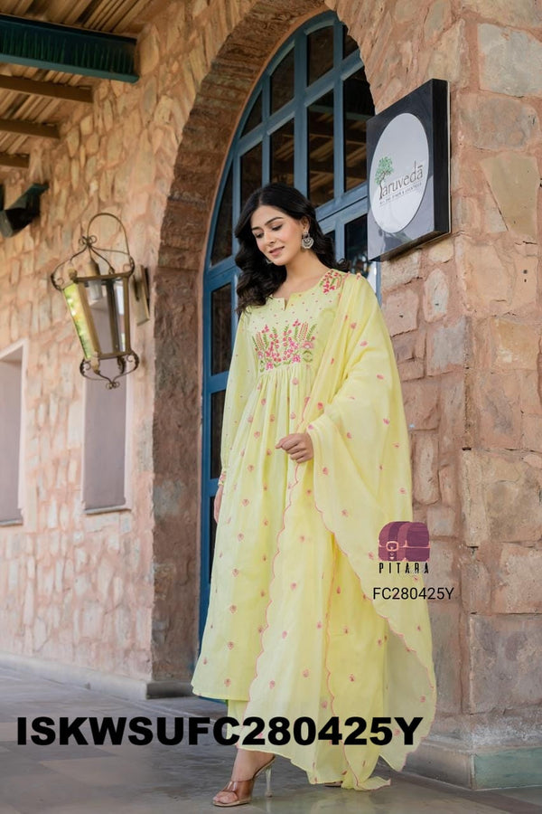 Embroidered Malmal Cotton Flared Kurti With Cotton Pant And Dupatta-ISKWSUFC280425Y