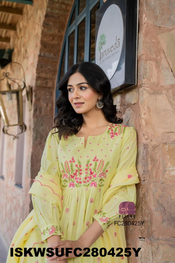 Embroidered Malmal Cotton Flared Kurti With Cotton Pant And Dupatta-ISKWSUFC280425Y