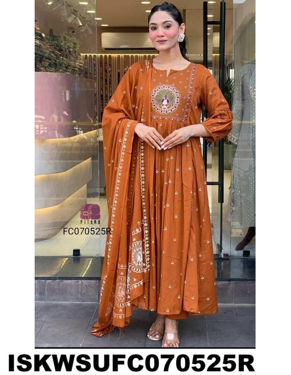 Embroidered Malmal Cotton Anarkali Kurti With Pant And Dupatta-ISKWSUFC070525R