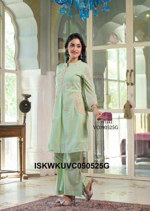 Embroidered Malmal Cotton Kurti With Slit Pant-ISKWKUVC090525Y/VC090525W/VC090525G/VC090525P