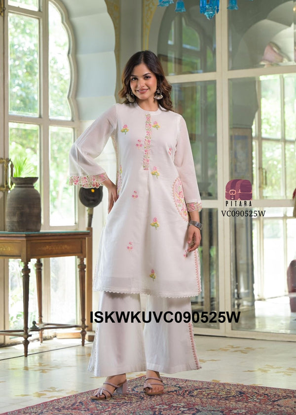 Embroidered Malmal Cotton Kurti With Slit Pant-ISKWKUVC090525Y/VC090525W/VC090525G/VC090525P