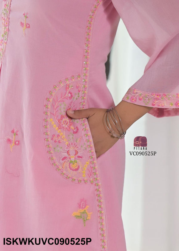 Embroidered Malmal Cotton Kurti With Slit Pant-ISKWKUVC090525Y/VC090525W/VC090525G/VC090525P