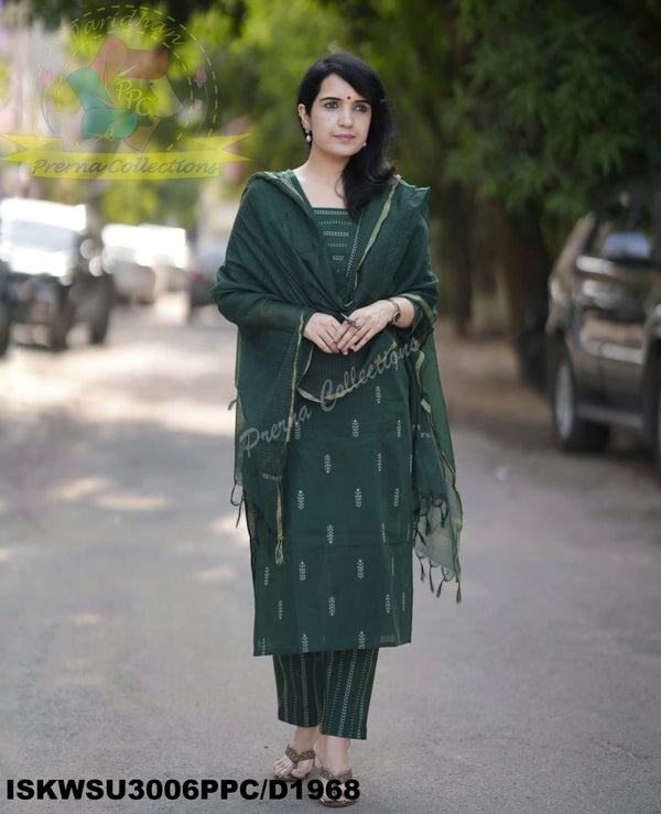 Hand Weaved Cotton Kurti With Pant And Kota Doriya Dupatta-ISKWSU3006PPC/D1968
