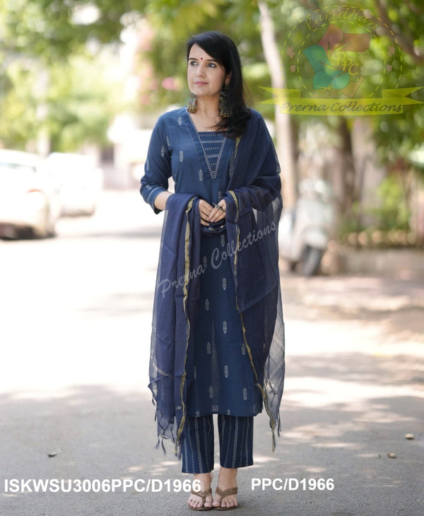 Hand Weaved Cotton Kurti With Pant And Kota Doriya Dupatta-ISKWSU3006PPC/D1966