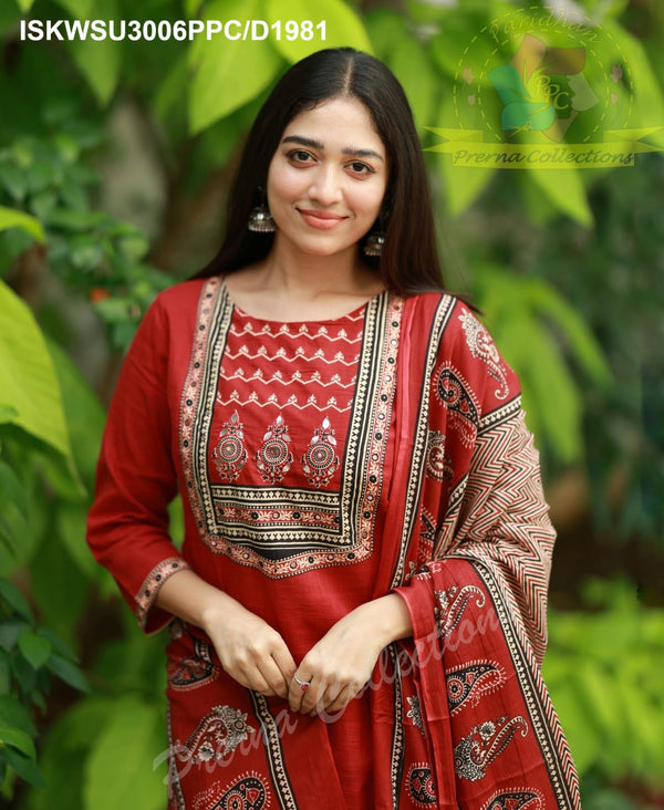 Cotton Kurti With Pant And Ajrakh Printed Malmal Cotton Dupatta-ISKWSU3006PPC/D1981