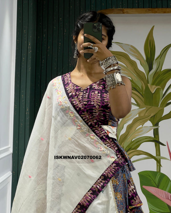 Ajrakh Block Printed Khadi Cotton Lehenga With Blouse And Dupatta-ISKWNAV02070062