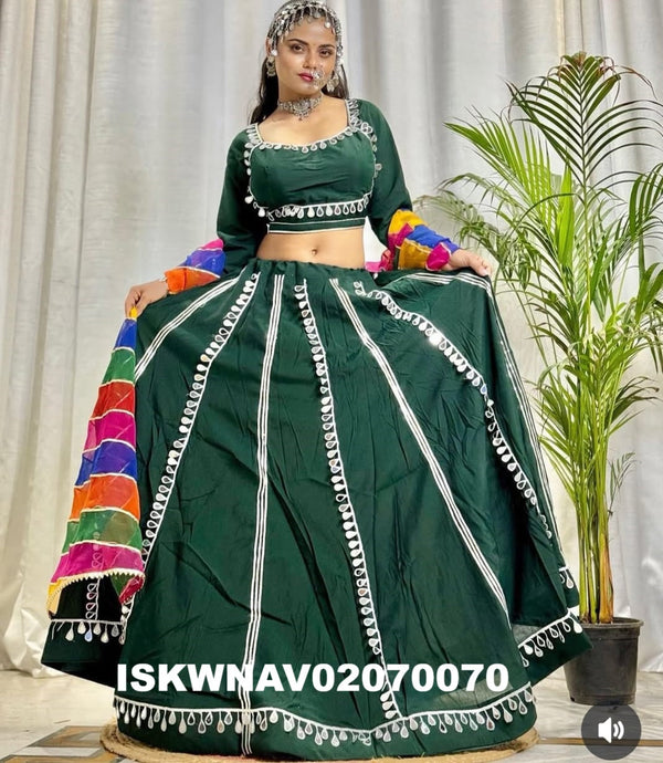 Sequined Cotton Lehenga With Blouse And Printed Dupatta-ISKWNAV02070070