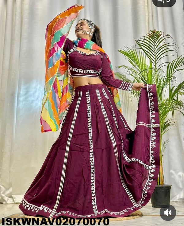 Sequined Cotton Lehenga With Blouse And Printed Dupatta-ISKWNAV02070070