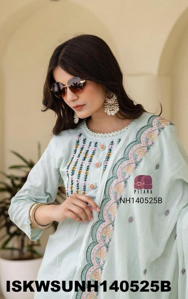 Embroidered Cotton Kurti With Pant And Dupatta-ISKWSUNH140525B
