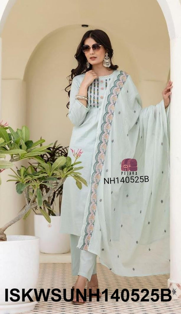Embroidered Cotton Kurti With Pant And Dupatta-ISKWSUNH140525B