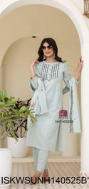 Embroidered Cotton Kurti With Pant And Dupatta-ISKWSUNH140525B