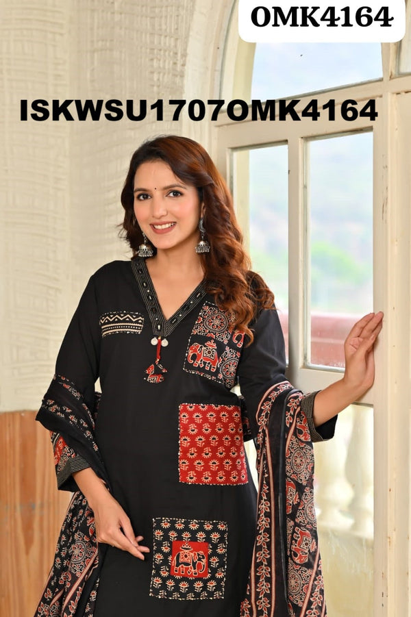 Cotton Kurti With Ajrakh Printed Afghani Pant And Dupatta-ISKWSU1707OMK4164