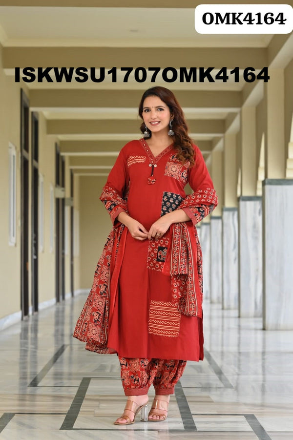 Cotton Kurti With Ajrakh Printed Afghani Pant And Dupatta-ISKWSU1707OMK4164