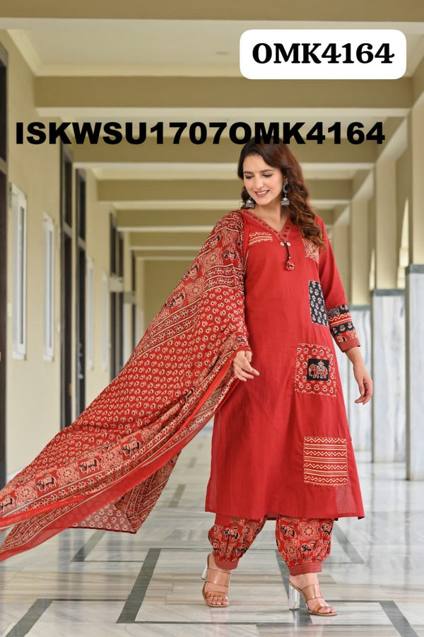 Cotton Kurti With Ajrakh Printed Afghani Pant And Dupatta-ISKWSU1707OMK4164