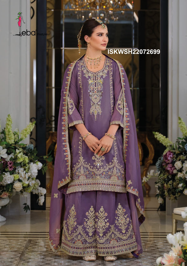 Embroidered Shimmer Kurti With Palazzo And Dupatta-ISKWSH21072699