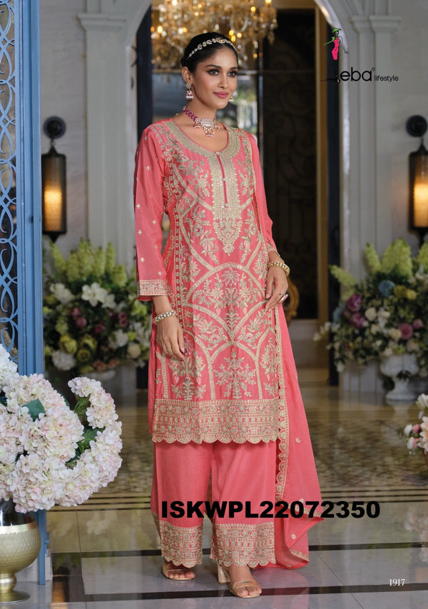 Embroidered Chinon Kurti With Palazzo And Dupatta-ISKWPL22072350