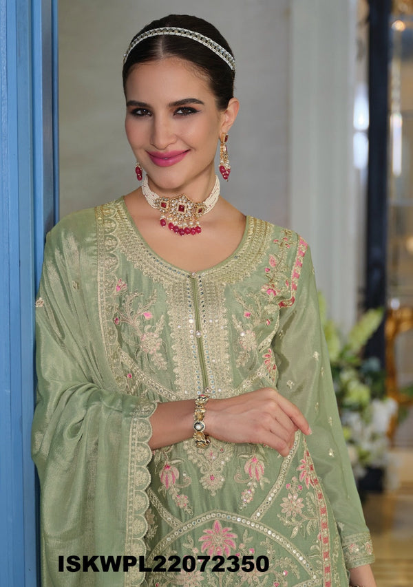 Embroidered Chinon Kurti With Palazzo And Dupatta-ISKWPL22072350