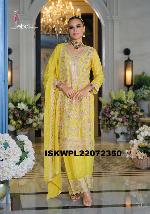 Embroidered Chinon Kurti With Palazzo And Dupatta-ISKWPL22072350