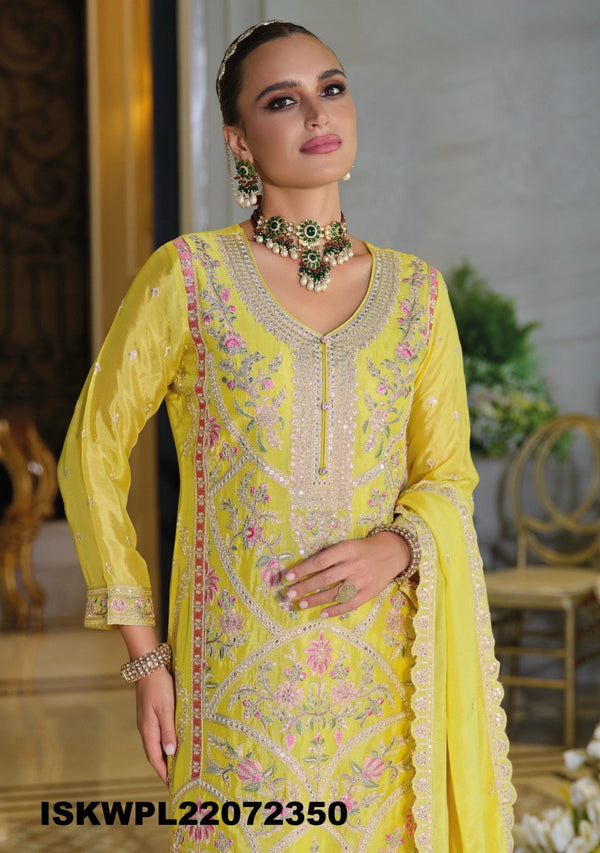 Embroidered Chinon Kurti With Palazzo And Dupatta-ISKWPL22072350