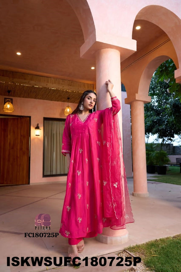 Embroidered Malmal Chanderi Kurti With Silk Pant And Organza Dupatta-ISKWSUFC180725O/FC180725P