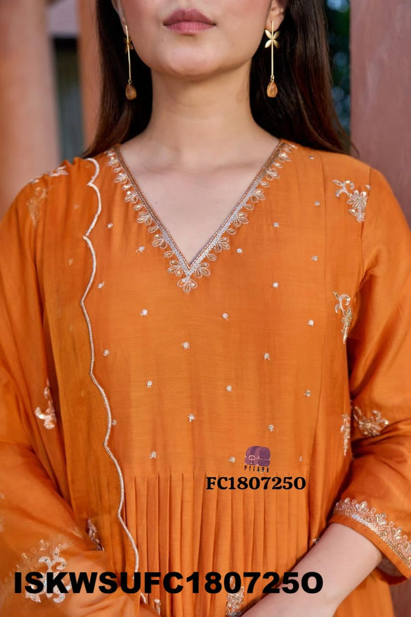 Embroidered Malmal Chanderi Kurti With Silk Pant And Organza Dupatta-ISKWSUFC180725O/FC180725P