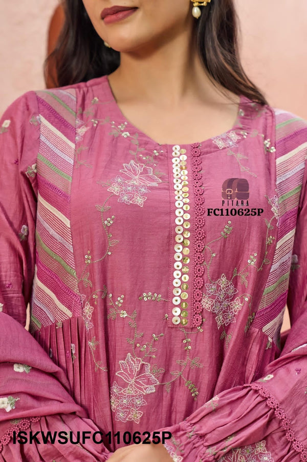 Embroidered Malmal Chanderi Kurti With Silk Pant And Dupatta-ISKWSUFC110625P