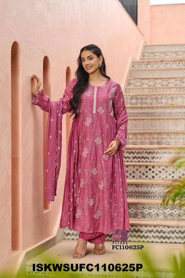 Embroidered Malmal Chanderi Kurti With Silk Pant And Dupatta-ISKWSUFC110625P