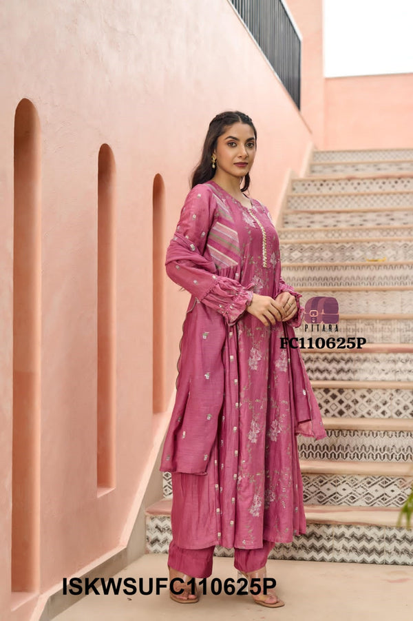 Embroidered Malmal Chanderi Kurti With Silk Pant And Dupatta-ISKWSUFC110625P
