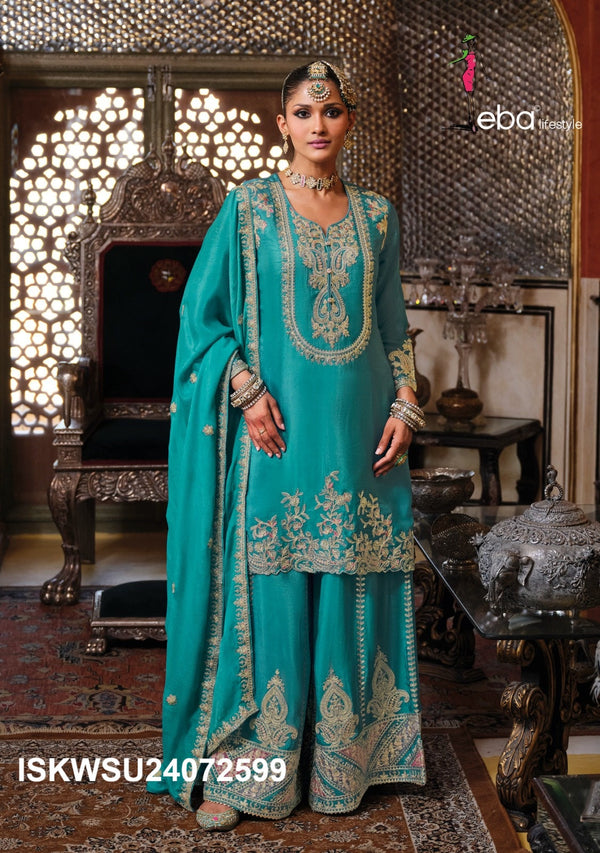 Embroidered Chinon Kurti With Sharara And Dupatta-ISKWSH24072599