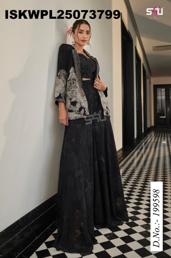 Silk Palazzo With Crop Top And Embroidered Blazer-ISKWPL25073799