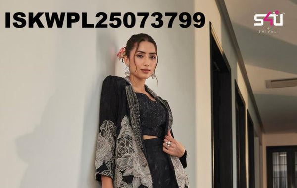 Silk Palazzo With Crop Top And Embroidered Blazer-ISKWPL25073799
