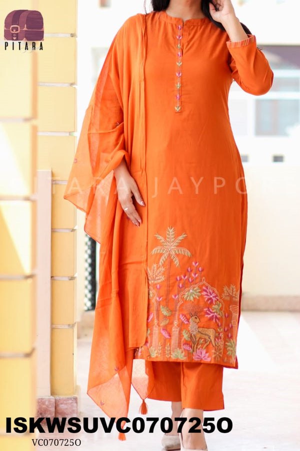 Embroidered Malmal Cotton Kurti With Pant And Dupatta-ISKWSUVC070725C/VC070725O