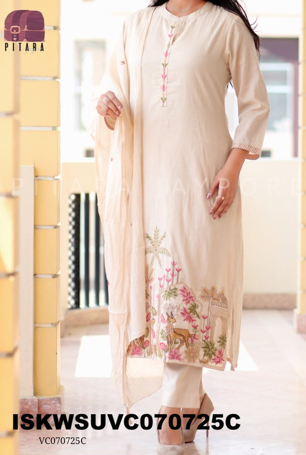 Embroidered Malmal Cotton Kurti With Pant And Dupatta-ISKWSUVC070725C/VC070725O