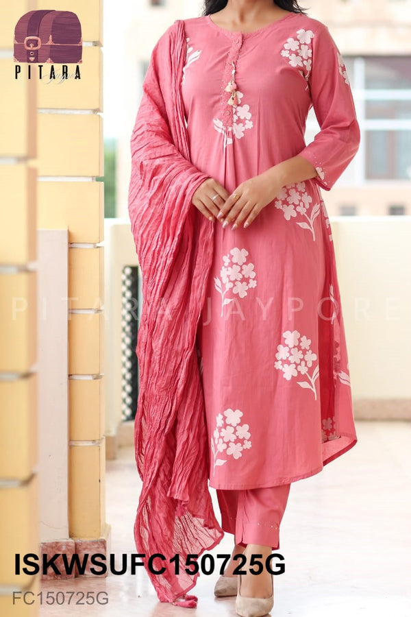 Sequined Cotton Kurti With Pant And Crushed Dupatta-ISKWSUFC150725M/FC150725G/FC150725P
