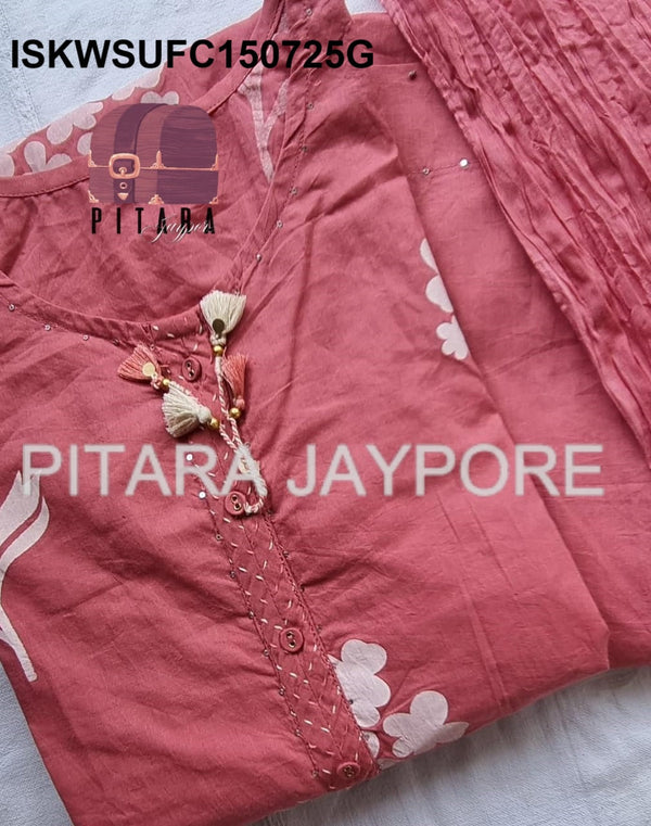 Sequined Cotton Kurti With Pant And Crushed Dupatta-ISKWSUFC150725M/FC150725G/FC150725P