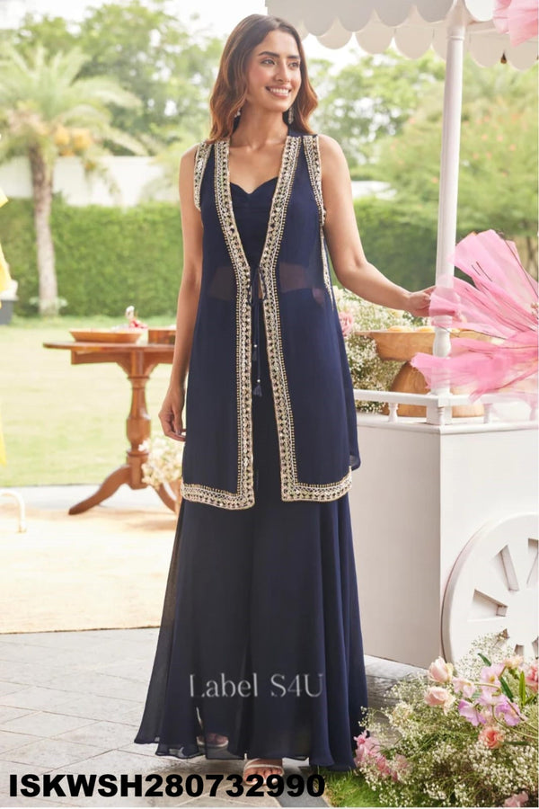 Silk Crop Top With Sharara And Embroidered Jacket-ISKWSH280732990