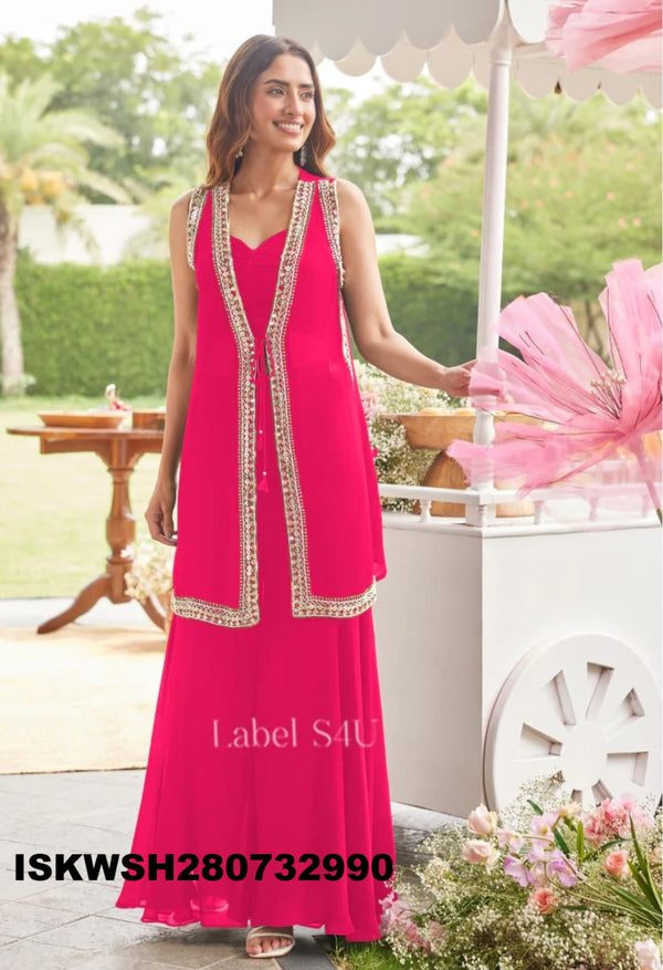 Silk Crop Top With Sharara And Embroidered Jacket-ISKWSH280732990