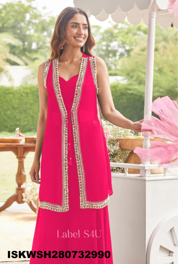 Silk Crop Top With Sharara And Embroidered Jacket-ISKWSH280732990