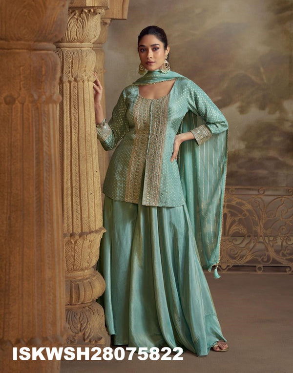Embroidered Viscose Shimmer Kurti With Sharara And Dupatta-ISKWSH28075822