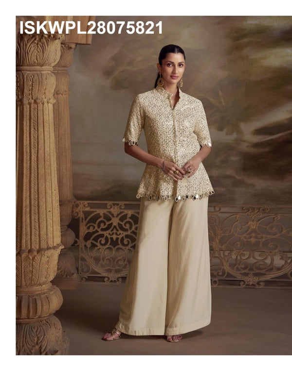 Embroidered Georgette Top With Palazzo-ISKWPL28075821