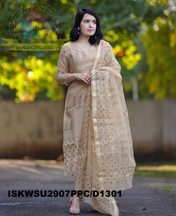 Block Printed Kota Doriya Kurti With Cotton Pant And Doriya Dupatta-ISKWSU2907PPC/D1301