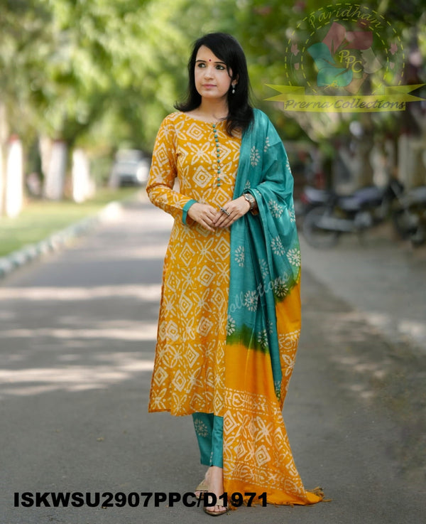 Batik Printed Silk Kurti With Pant And Dupatta-ISKWSU2907PPC/D1971