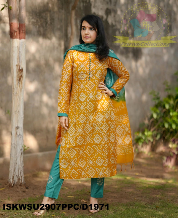 Batik Printed Silk Kurti With Pant And Dupatta-ISKWSU2907PPC/D1971