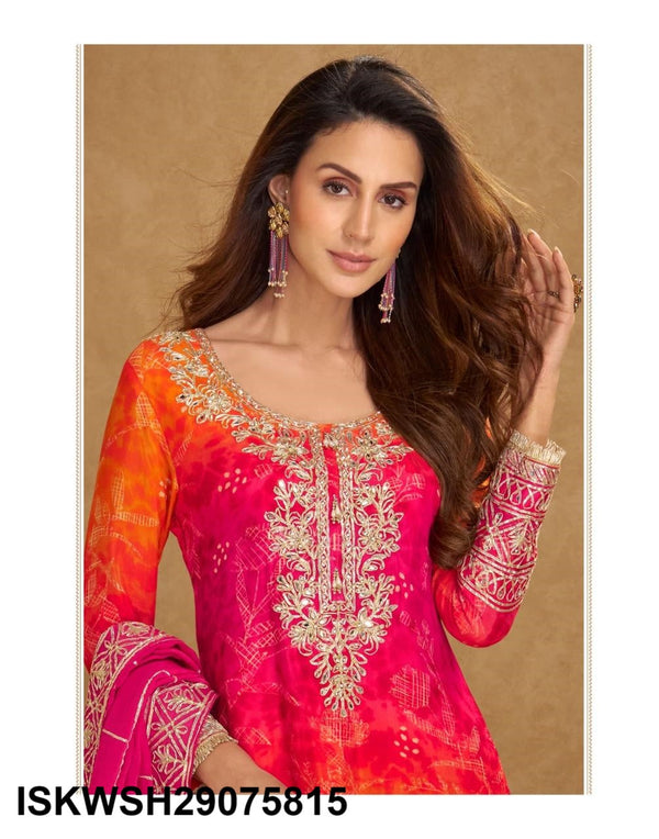 Printed Chinon Silk Kurti With Sharara And Embroidered Dupatta-ISKWSH29075815/5814