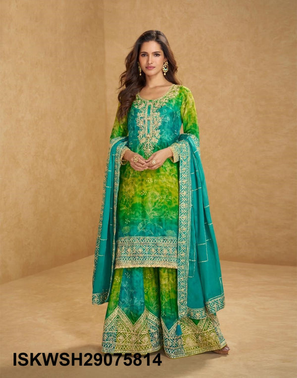 Printed Chinon Silk Kurti With Sharara And Embroidered Dupatta-ISKWSH29075815/5814