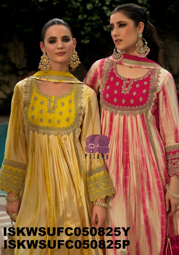 Tie And Dye Printed Crepe Kurti With Silk Pant And Dupatta-ISKWSUFC050825P/FC050825Y