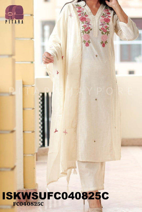 Embroidered Cotton Kurti With Pant And Dupatta-ISKWSUFC040825C